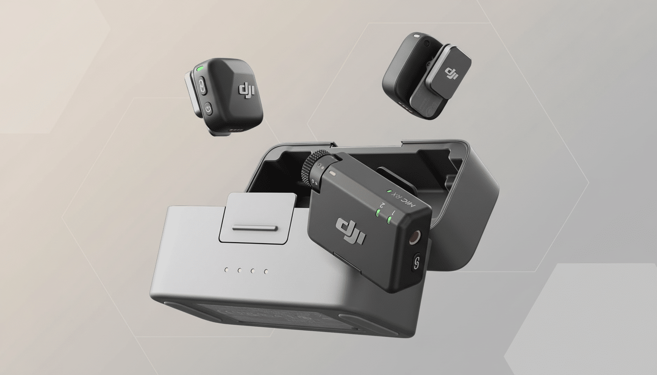 A professional overhead shot of the DJI Mic 2 with two transmitters, one receiver, and a charging case on a white background with subtle grey geometric patterns.