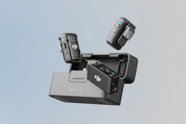 A professional overhead shot of the DJI Mic 2, showcasing the receiver unit , two transmitters, and the charging case on a soft gradient background. Filename : dji mic2 professionaldisplay .png