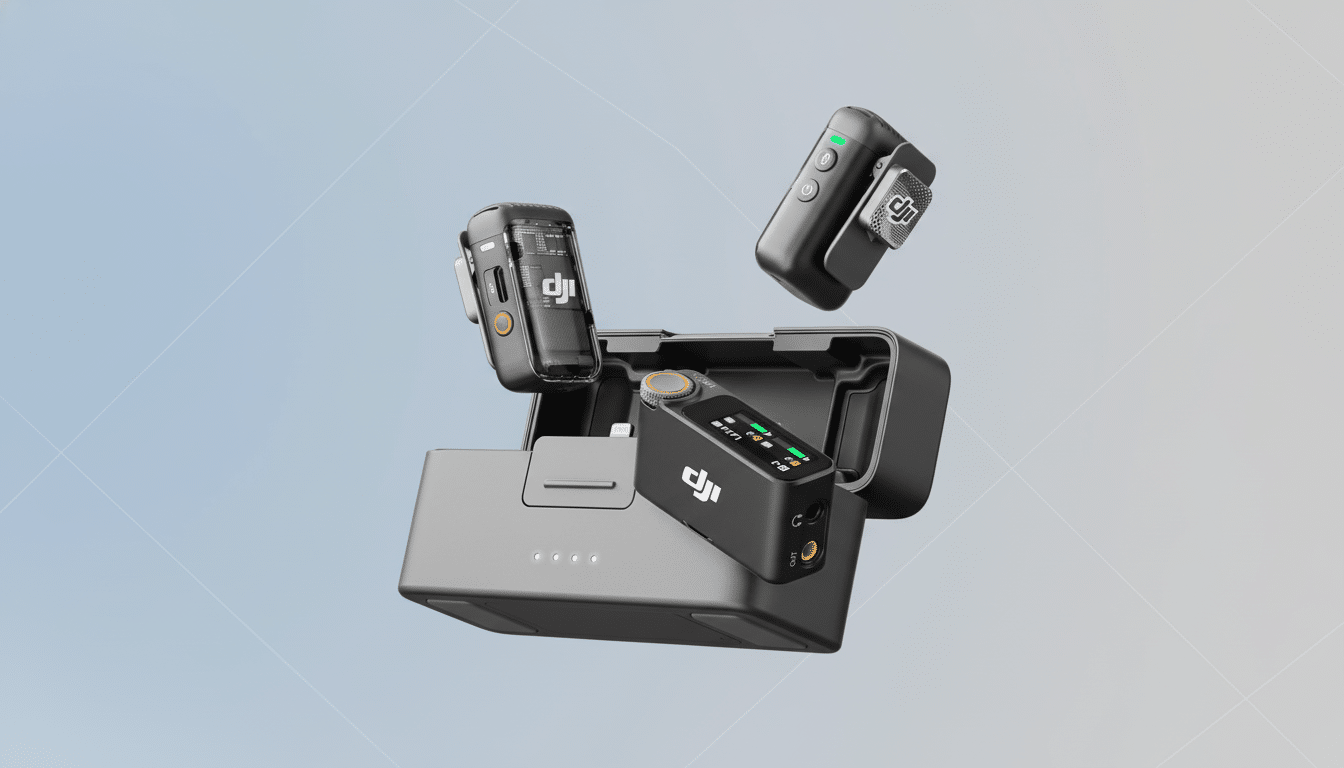 A professional overhead shot of the DJI Mic 2, showcasing the receiver unit , two transmitters, and the charging case on a soft gradient background. Filename : dji mic2 professionaldisplay .png