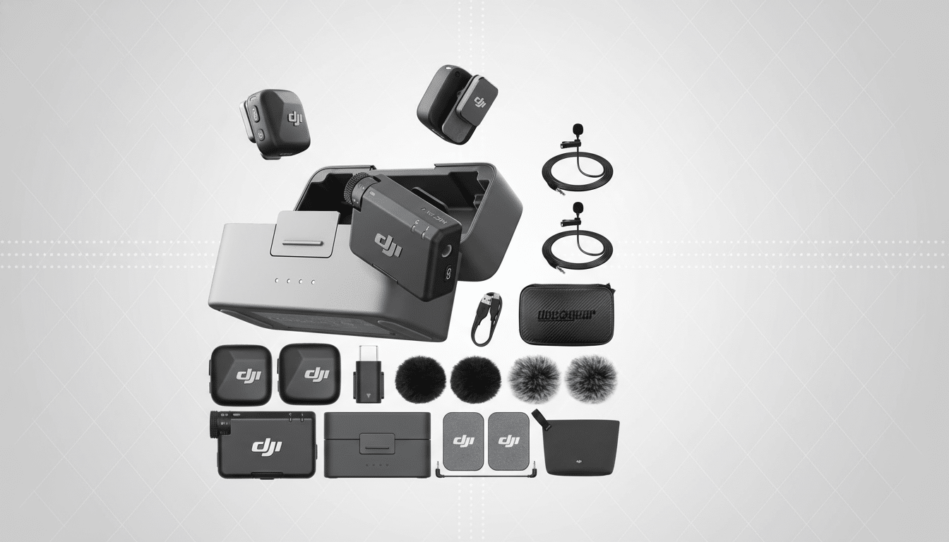 A comprehensive collection of DJI Mic 2 wireless microphone system components, including transmitters , receiver, charging case, lav alier microphones , wind m uffs, USB- C adapter, carrying cases , and accessories, arranged on a professional flat gray background with subtle dotted patterns. Filename : dji mic2 wireless microphonekit .png