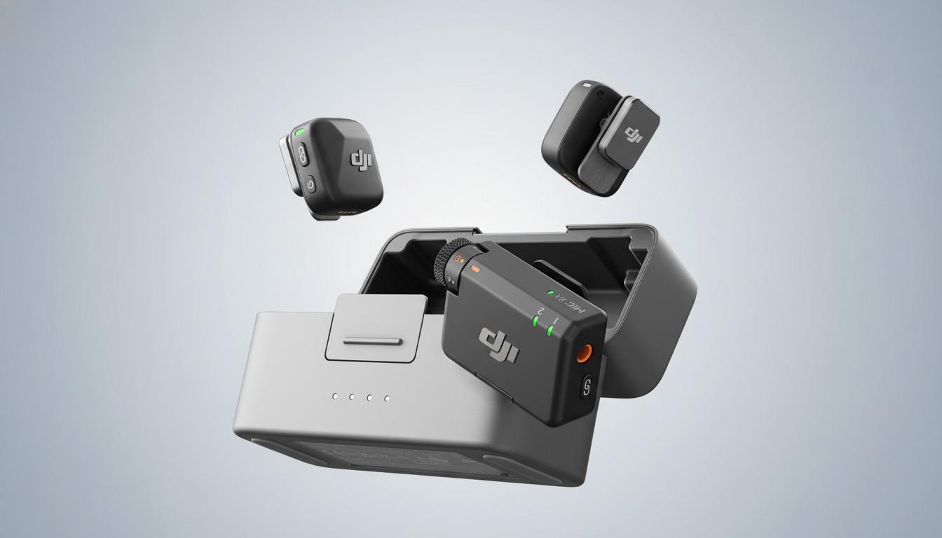 A professional flat design image of the DJI Mic wireless microphone system, featuring a charging case and two compact microphone transmitters, all in a clean, light gray gradient background.