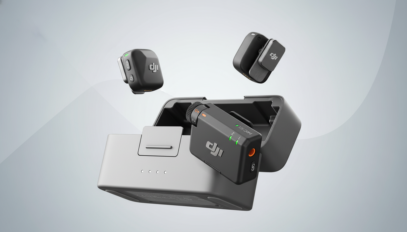 A professional 16:9 aspect ratio image of the DJI Mic wireless microphone system, featuring a charging case with two transmitters and one receiver, all in black with the DJI logo, against a clean, light gray background with subtle, soft patterns.