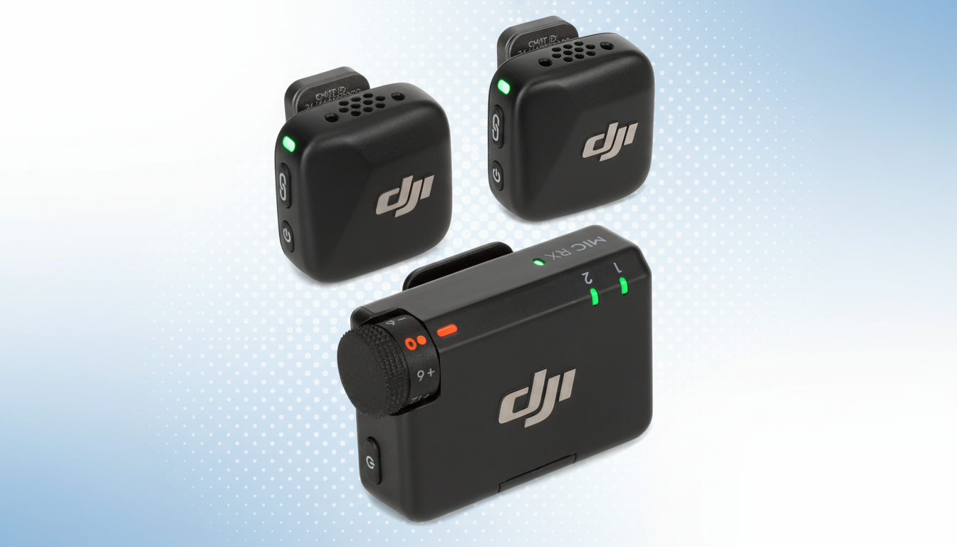 Three black DJI wireless microphone units are displayed on a professional flat design background with soft blue and white gradients and subtle patterns. Two smaller units are positioned at the top, one slightly to the left and one to the right, both showing green indicator lights. A larger unit, labeled MIC RX, is at the bottom, featuring a control dial with red and green indicators, and also displaying green lights. The DJI logo is visible on all units.