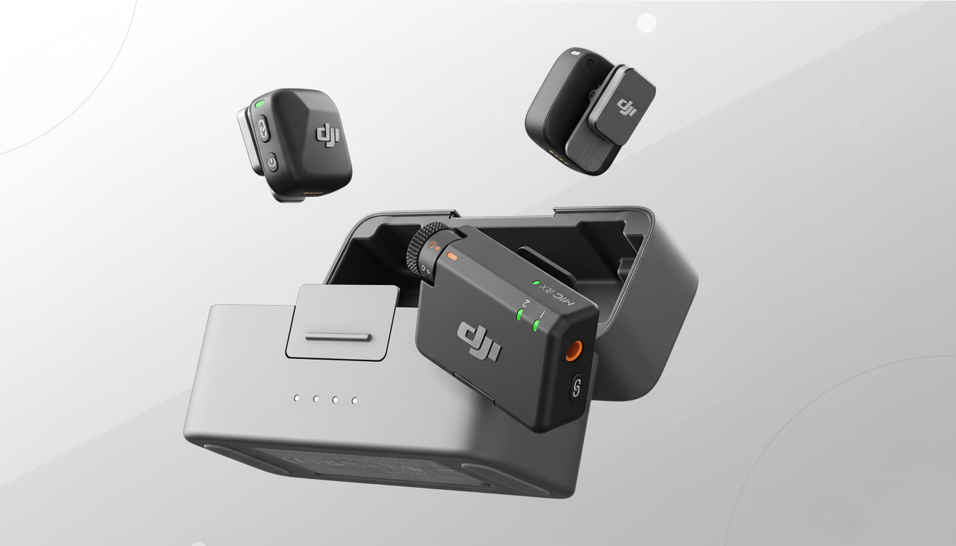 A professional flat design image of DJI Mic wireless microphone system components, including two transmitters and a receiver in its charging case, set against a soft gray background with subtle white circular patterns.