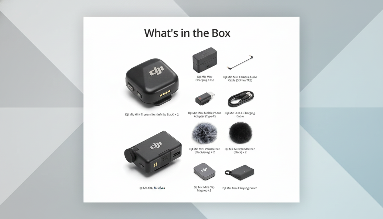 A professionally enhanced image of the DJI Mic Mini Whats in the Box contents, presented on a clean, professional flat design background with soft patterns, maintaining the original product layout and details.