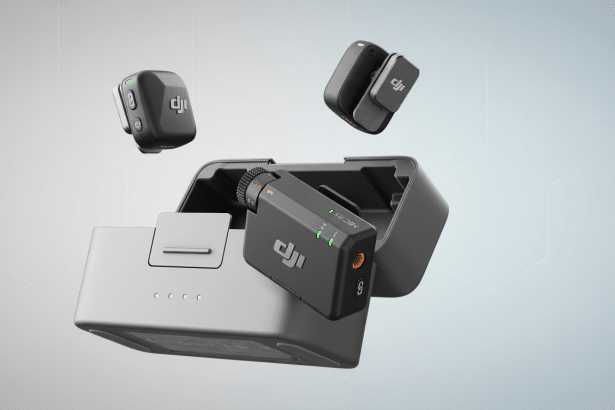 The DJI Mic, a compact wireless microphone system with a charging case and two transmitters , is presented on a modern professional background with subtle geometric patterns. Filename : dji micsystem professional.png
