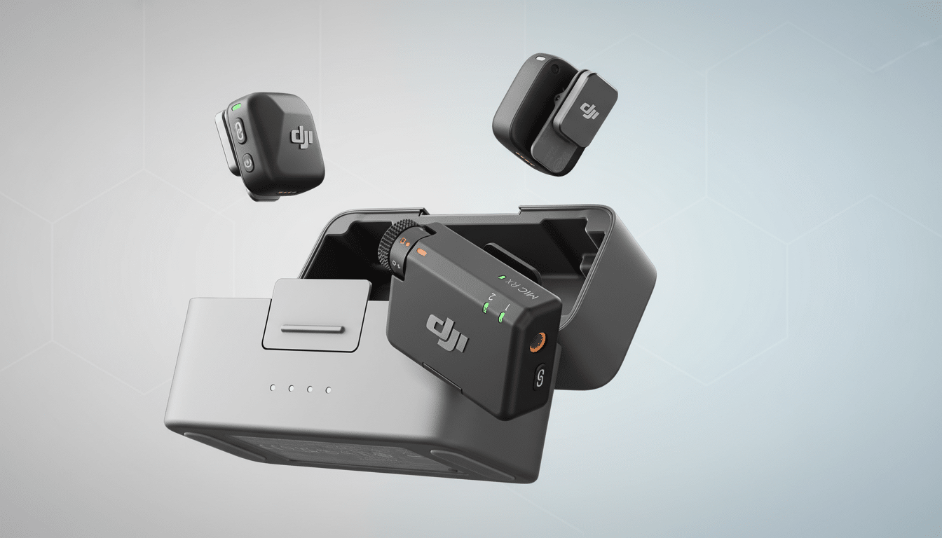 The DJI Mic, a compact wireless microphone system with a charging case and two transmitters , is presented on a modern professional background with subtle geometric patterns. Filename : dji micsystem professional.png