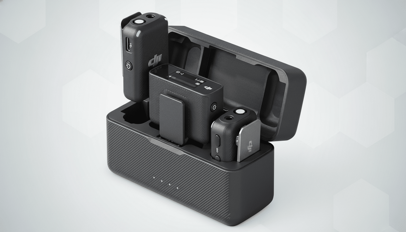 A professional shot of the DJI Mic wireless microphone system, featuring two transmitters and one receiver securely housed in their charging case, presented on a light background with subtle hexagonal patterns. Filename : dji micwireless systemprofessional display .png