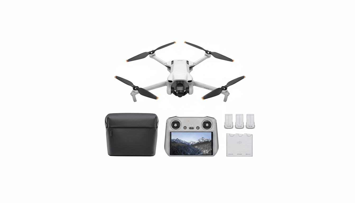 A professional overhead shot of a white DJI Mini 3 drone kit , including the drone itself , a black carrying case, the RC controller with a mountain scene on its screen, three extra batteries , and a charging hub , all arranged on a clean white background.