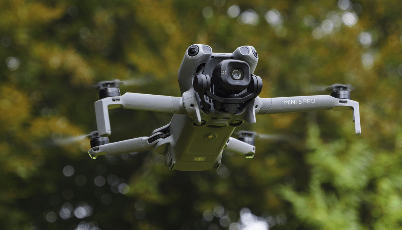 A DJI Mini 5 Pro drone hovering in the air with a blurred green foliage background. Filename : dji mini5 prodrone. png