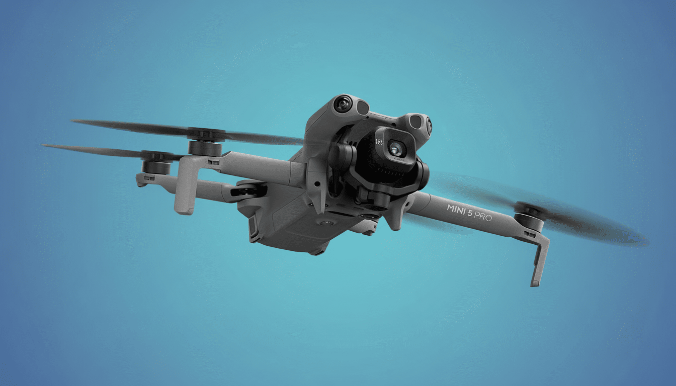 A grey  MINI 5 PRO drone with a camera, hovering against a blue background, resized to a 16: 9 aspect ratio.