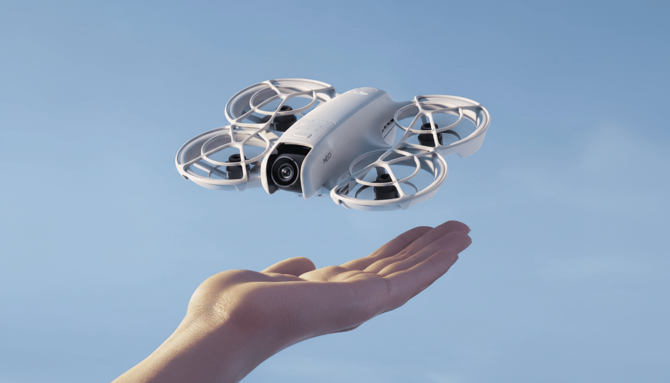A white, compact drone with propeller guards hovering just above an open palm against a clear blue sky.