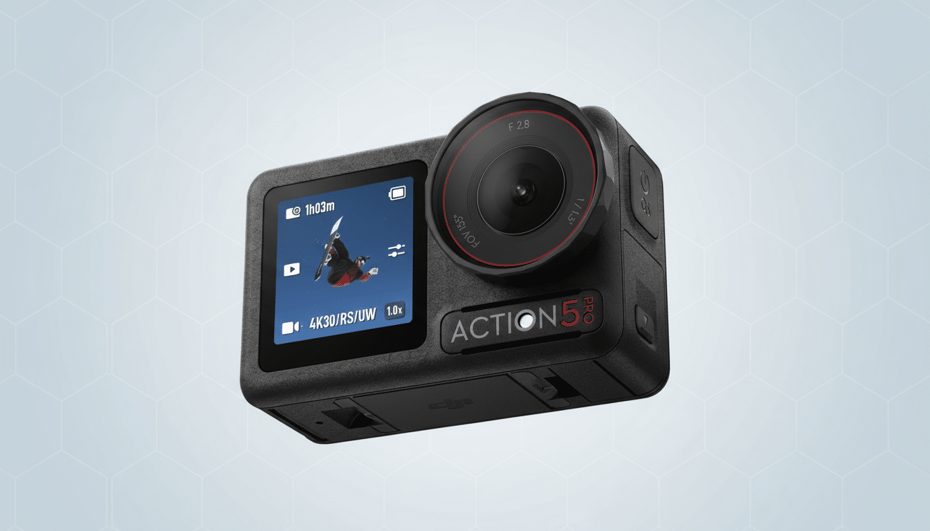 A DJI Action 5 Pro camera angled slightly, showcasing its screen displaying a snowboard er in action, set against a professional light grey background with a subtle hexagonal pattern.