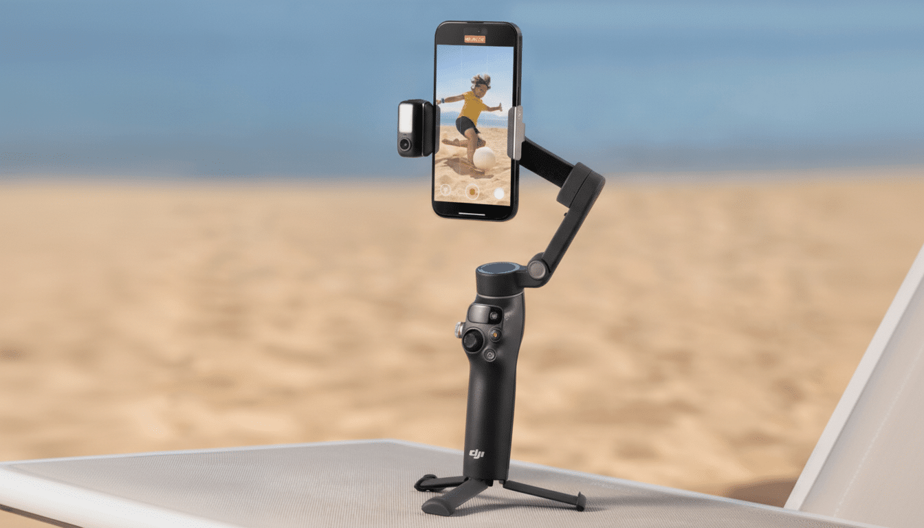 A black smartphone gimbal with a phone attached , displaying a child playing soccer on a beach, against a background of sand and ocean .