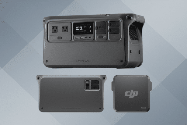 A 16:9 aspect ratio image featuring three views of a dark grey portable power station. The main view shows the front panel with various ports, a digital display showing 1 00 and POWER 10 00. Below it are two smaller views: one showing the top of a POWER EXPANSION BATTERY 2 000 and another showing a small grey device with a DJI logo . The background is a professional flat design with a soft gradient.