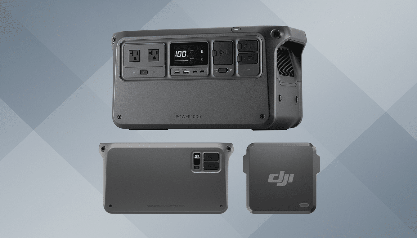 A 16:9 aspect ratio image featuring three views of a dark grey portable power station. The main view shows the front panel with various ports, a digital display showing 1 00 and POWER 10 00. Below it are two smaller views: one showing the top of a POWER EXPANSION BATTERY 2 000 and another showing a small grey device with a DJI logo . The background is a professional flat design with a soft gradient.