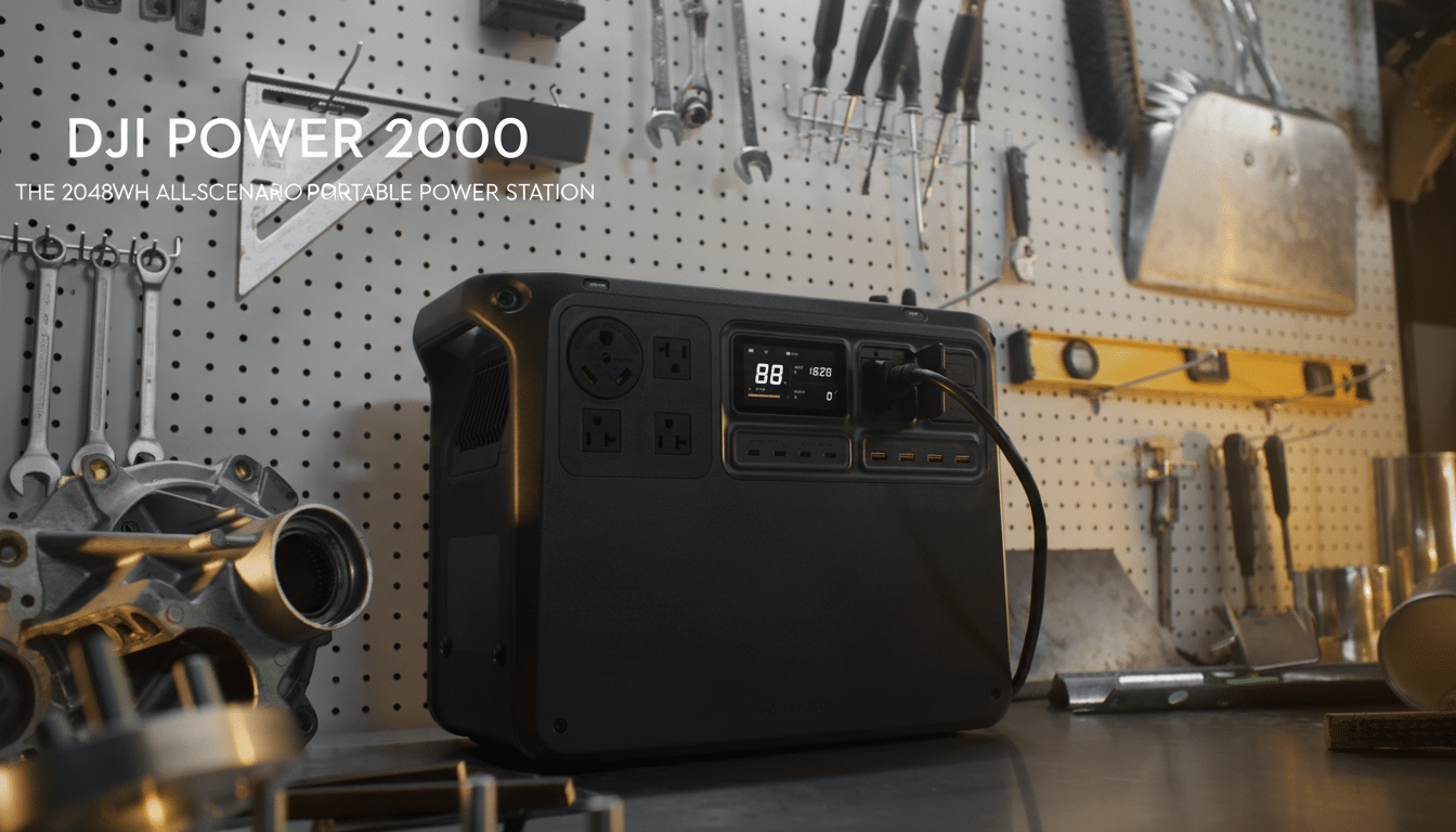 The DJI Power 2 000 portable power station with DJI POWER 2000 THE 204 8WH ALL- SCENARIO PORT ABLE POWER STATION text on a peg board background.