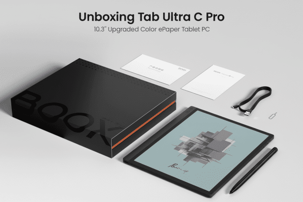 A professional un boxing image of the Tab Ultra C Pro 10. 3 upgraded color ePaper tablet PC, showcasing the black box, tablet , stylus , and charging cable on a clean grey background. Filename : tabultra cpro unboxing. png