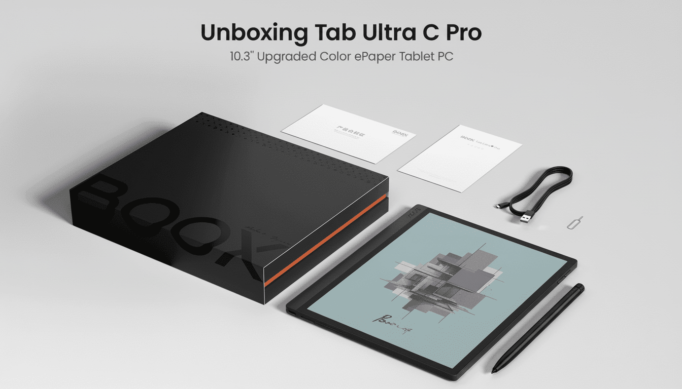 A professional un boxing image of the Tab Ultra C Pro 10. 3 upgraded color ePaper tablet PC, showcasing the black box, tablet , stylus , and charging cable on a clean grey background. Filename : tabultra cpro unboxing. png