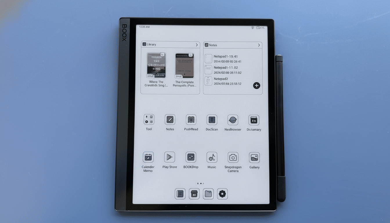 An ON YX Boox e -reader with a stylus on a light blue background, displaying its main interface with library , notes, and application icons.