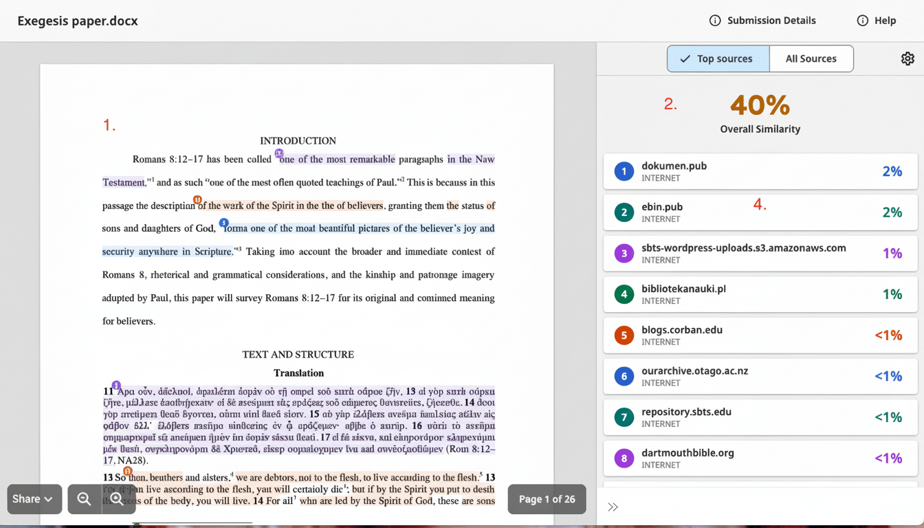 Screenshot of a document analysis tool showing a paper with highlighted text and a sidebar indicating 40% overall similarity to other online sources, with a list of matching domains and their percentages. Filename : documentsimilarity analysis.png