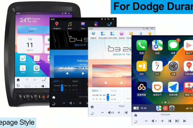An in -car infotainment system displaying various homepage styles and functionalities , including weather , navigation, music , video, and app interfaces , with the text For Dodge Durango and Homepage Style.