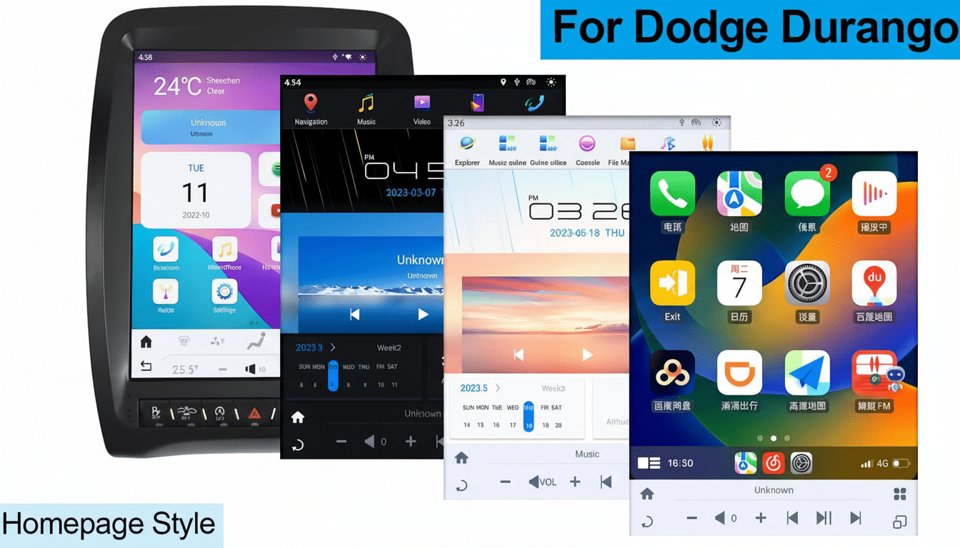 An in -car infotainment system displaying various homepage styles and functionalities , including weather , navigation, music , video, and app interfaces , with the text For Dodge Durango and Homepage Style.