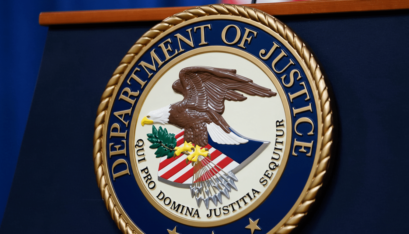 A professional , enhanced image of the Department of Justice seal, resized to a 1 6:9 aspect ratio, displayed on a dark blue podium . The seal features an eagle with an olive branch and arrows, encircled by the text DEPARTMENT OF JUSTICE and QUI PRO DOMINA JUST ITIA SE QUITUR.