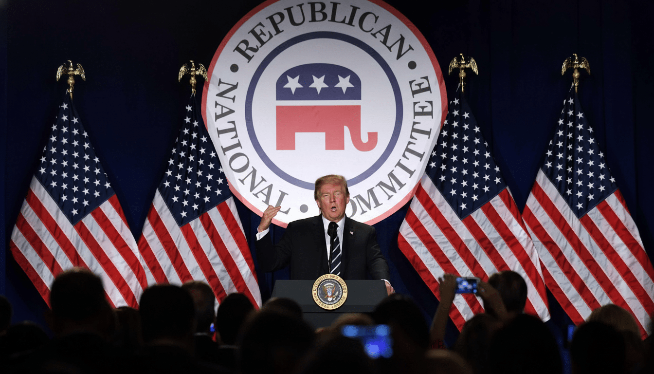Donald Trump speaking at a podium with the Republican National Committee logo and American flags in the background.