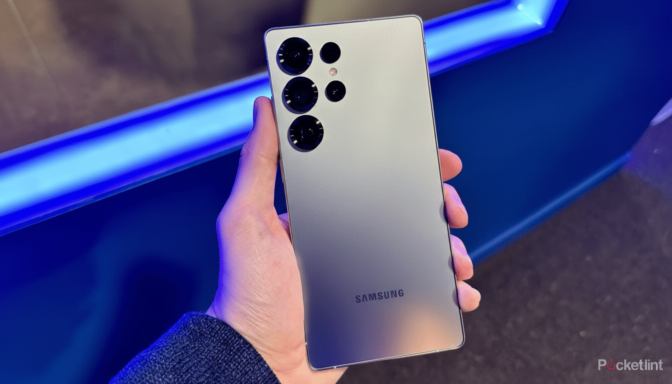 A hand holding a silver Samsung smartphone, showing its rear camera array and logo, with a blue light in the background.