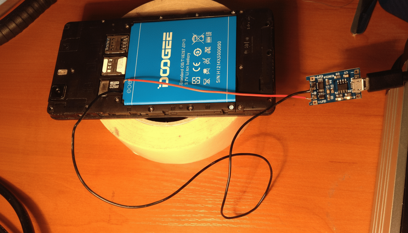 A Doogee phone with its back cover removed, showing the blue battery and a small circuit board connected by red and black wires, lying on a wooden surface next to a roll of tape. Filename : doogee phonebattery circuit board.png