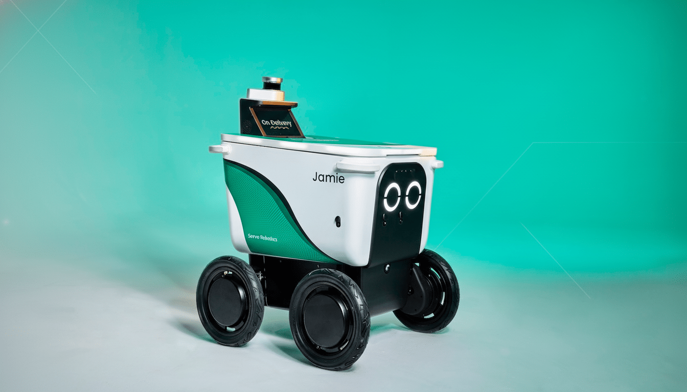 A white and green delivery robot named Jamie by Serve Robotics, with a small screen indicating On Delivery , set against a vibrant turquoise background that gradually fades to a lighter shade towards the bottom, and a subtle light pattern in the top left corner. Filename : jamie deliveryrobot 16x 9. png