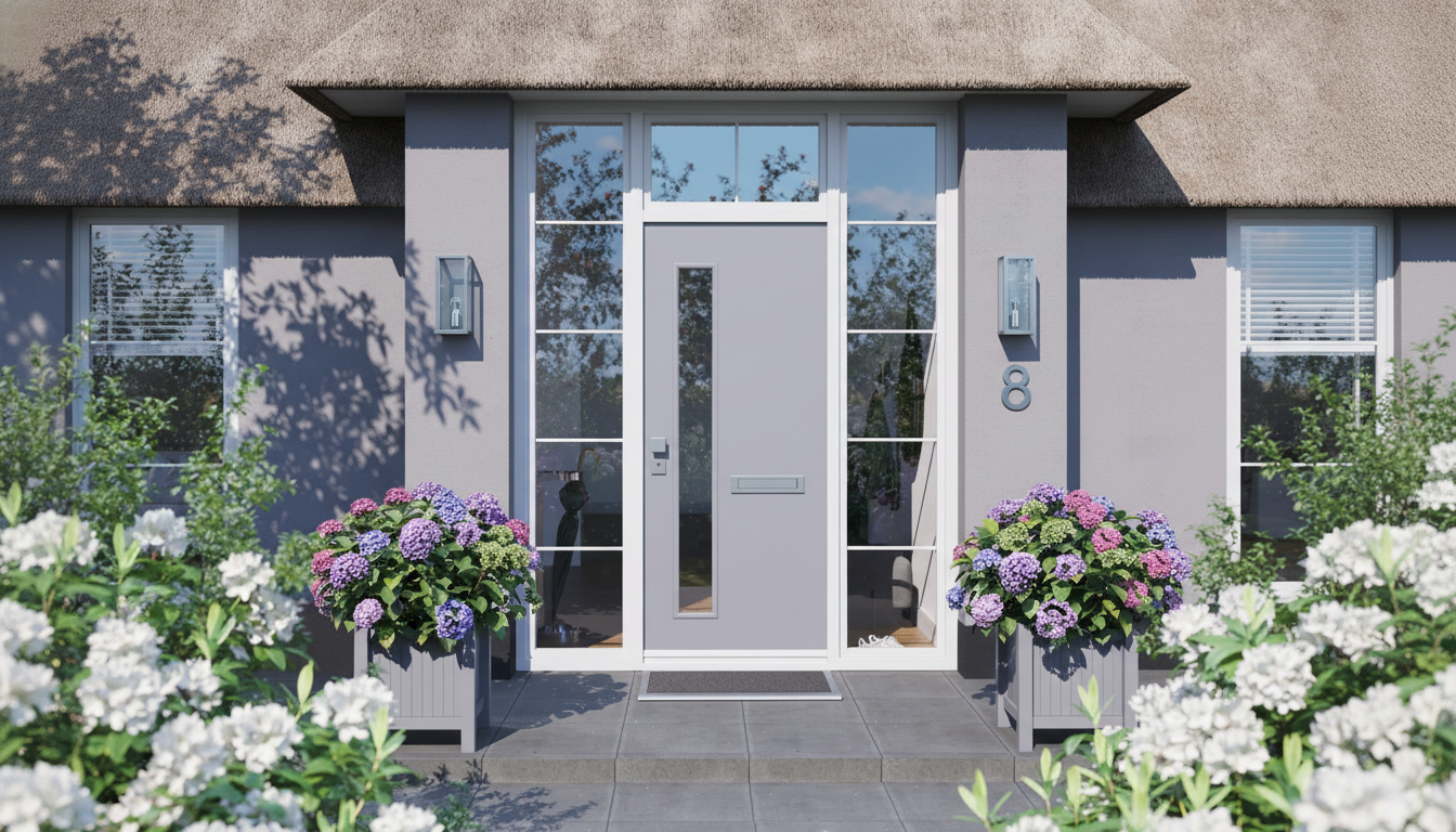 A modern grey front door with a vertical glass panel, flanked by two large potted hydrangea plants and white flowering bushes in the foreground, all set against a house with a thatched roof and large windows. Filename : modern greyfront doorhouse 1 69. png