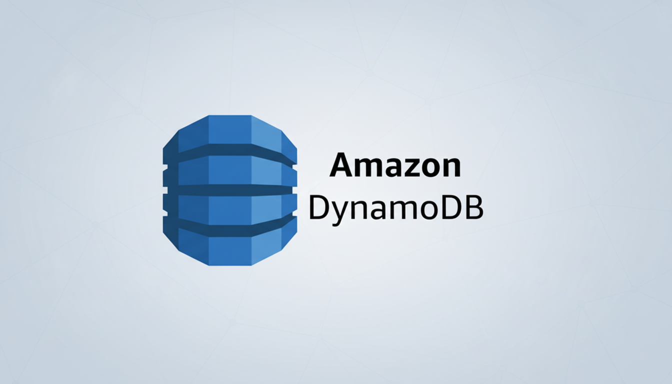 The Amazon DynamoDB logo, featuring a blue cylindrical icon resembling stacked discs next to the text Amazon DynamoDB, presented on a light grey background with a subtle geometric pattern.