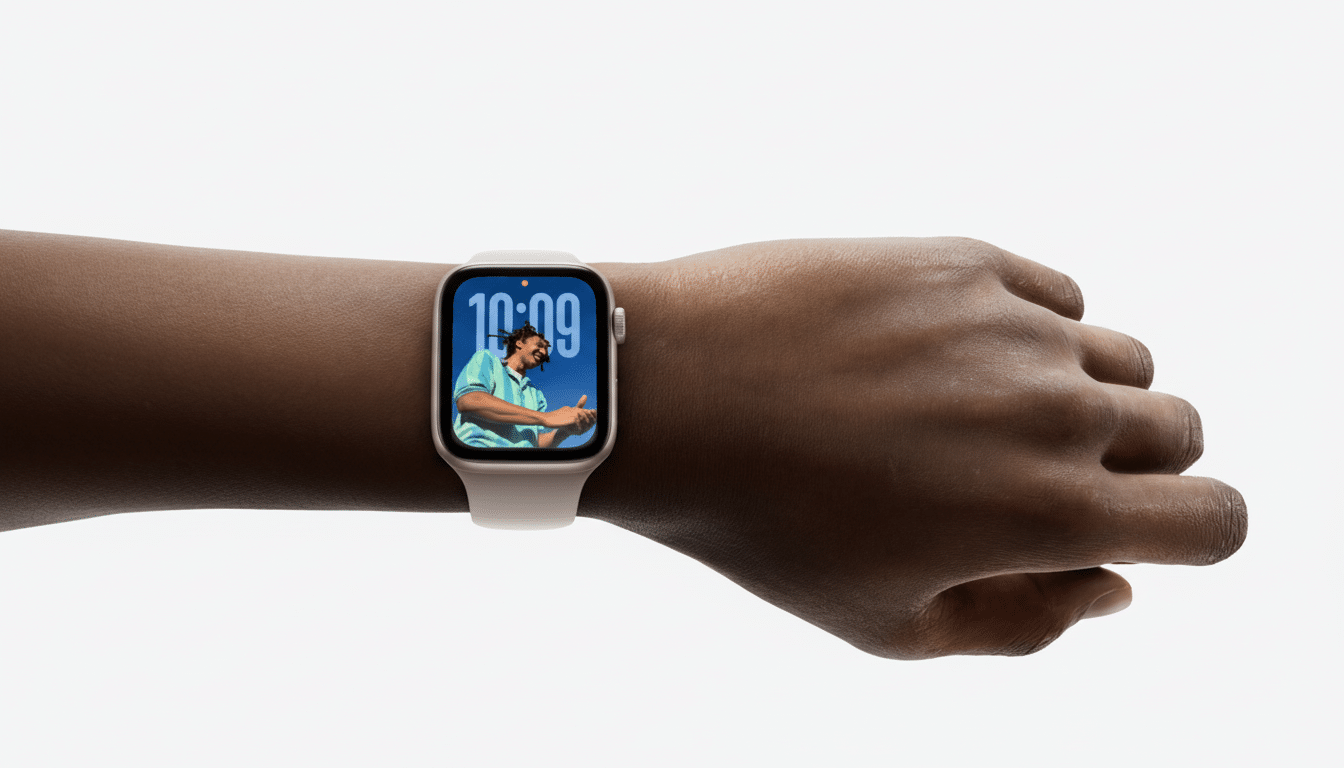 A close-up of a persons arm wearing a white Apple Watch Series 8 on a white background. The watch face displays the time 1 0: 09 and a colorful image