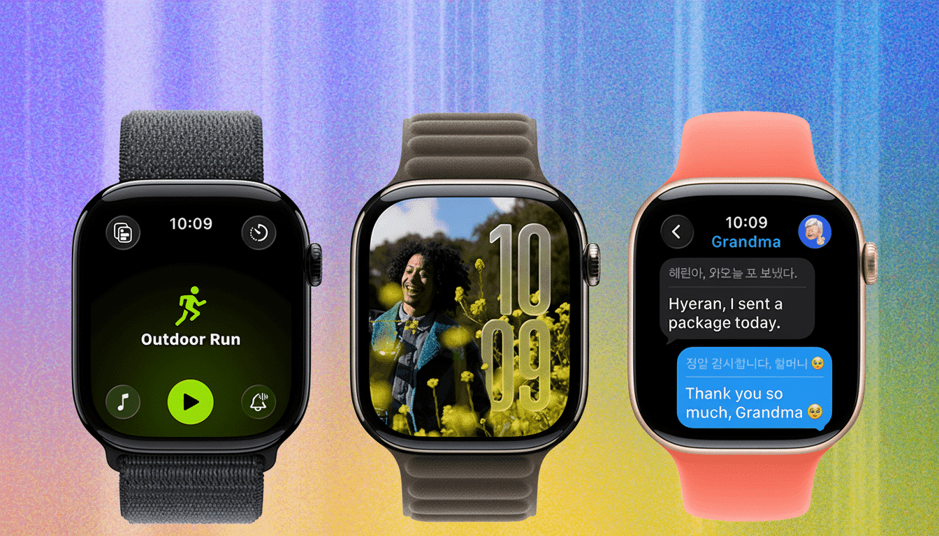 Three Apple Watches displayed side- by-side on a colorful gradient background. The left watch shows an Outdoor Run workout screen. The middle watch di