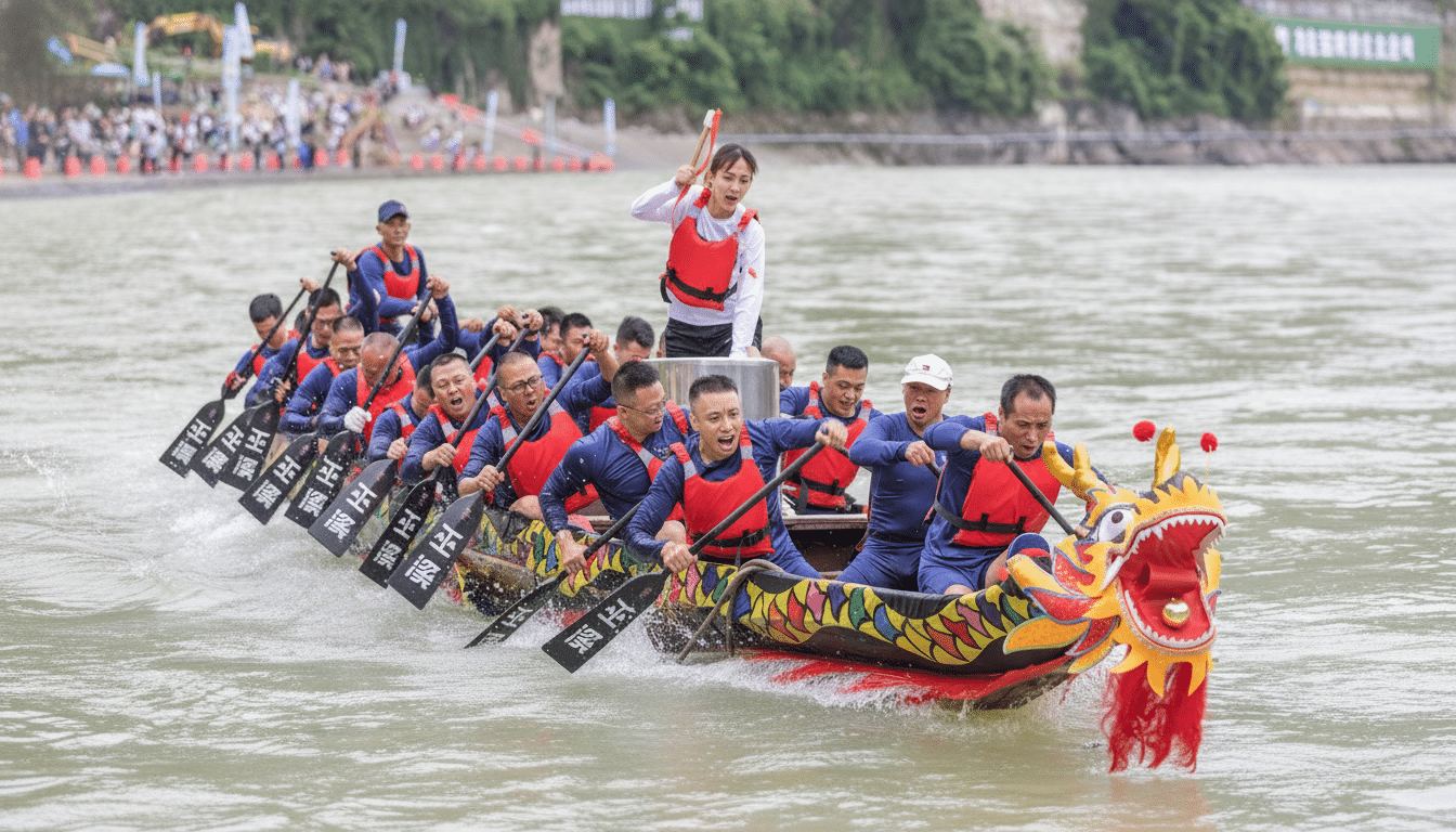 A dragon boat team rows vigorously in a race , with a person standing at the front beating a drum to keep rhythm , on a body of water with spectators in the background.