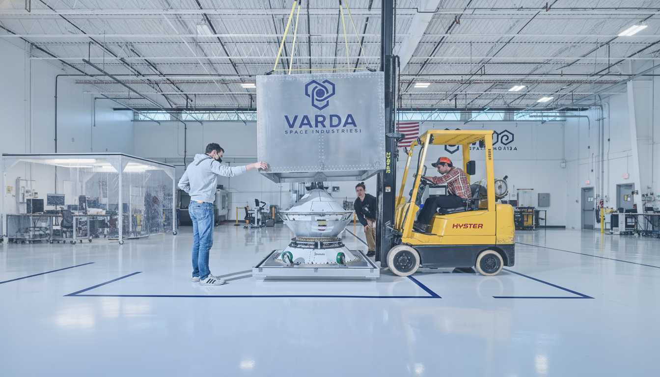Three individuals working in a large, brightly lit industrial space, carefully maneuvering a large metal container labeled