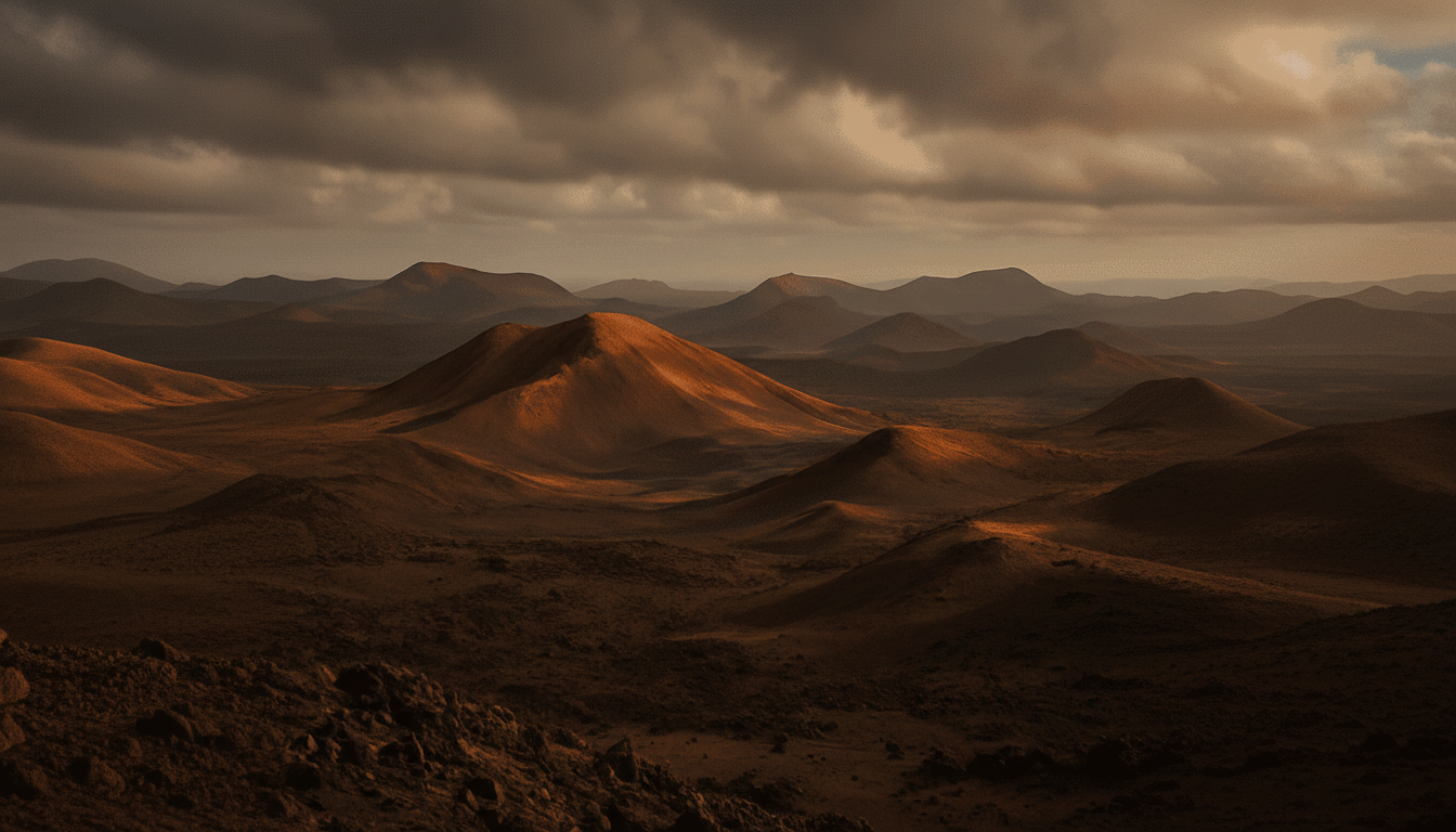 A professional landscape shot of barren , reddish-brown hills under a dramatic cloudy sky, with light illuminating some of the hill tops. Filename : dramatic desert hillslandscape .png