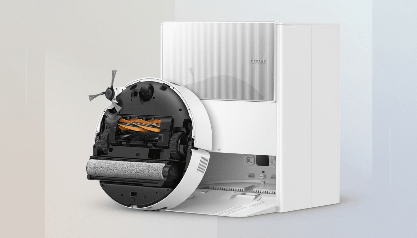 A white Dreame robot vacuum cleaner with its base station on a professional flat design background with soft patterns and gradients. The underside of the robot is visible, showing its brushes and rollers.