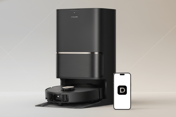 A professional 16:9 image of a black Dre ame robot vacuum cleaner with its charging station and a smartphone displaying the Dreame app logo. Filename : dreame robotvacuum 1 69. png