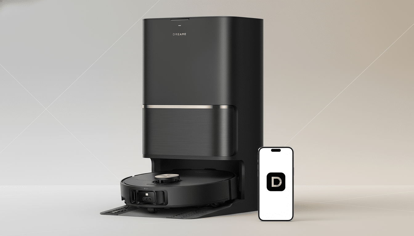 A professional 16:9 image of a black Dre ame robot vacuum cleaner with its charging station and a smartphone displaying the Dreame app logo. Filename : dreame robotvacuum 1 69. png
