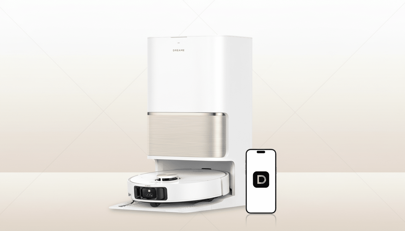 A white Dreame robot vacuum cleaner and its self-empt ying station are shown next to a smartphone displaying the Dreame app icon. The background is a soft beige with subtle geometric patterns.
