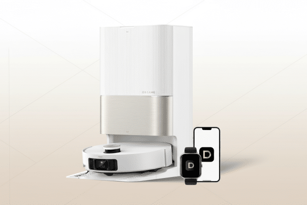 A professional shot of a white Dre ame robotic vacuum cleaner with its charging and self -cleaning station, alongside a smartphone displaying the companion app and a smartwatch, all featuring a ' D' logo, set against a subtle , light- colored patterned background. Filename : dreame robot vacuumstation appwatch . png