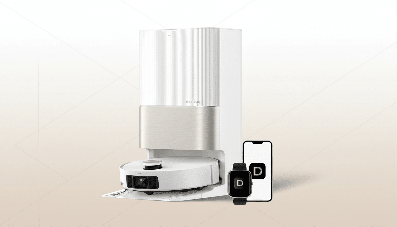 A professional shot of a white Dre ame robotic vacuum cleaner with its charging and self -cleaning station, alongside a smartphone displaying the companion app and a smartwatch, all featuring a ' D' logo, set against a subtle , light- colored patterned background. Filename : dreame robot vacuumstation appwatch . png