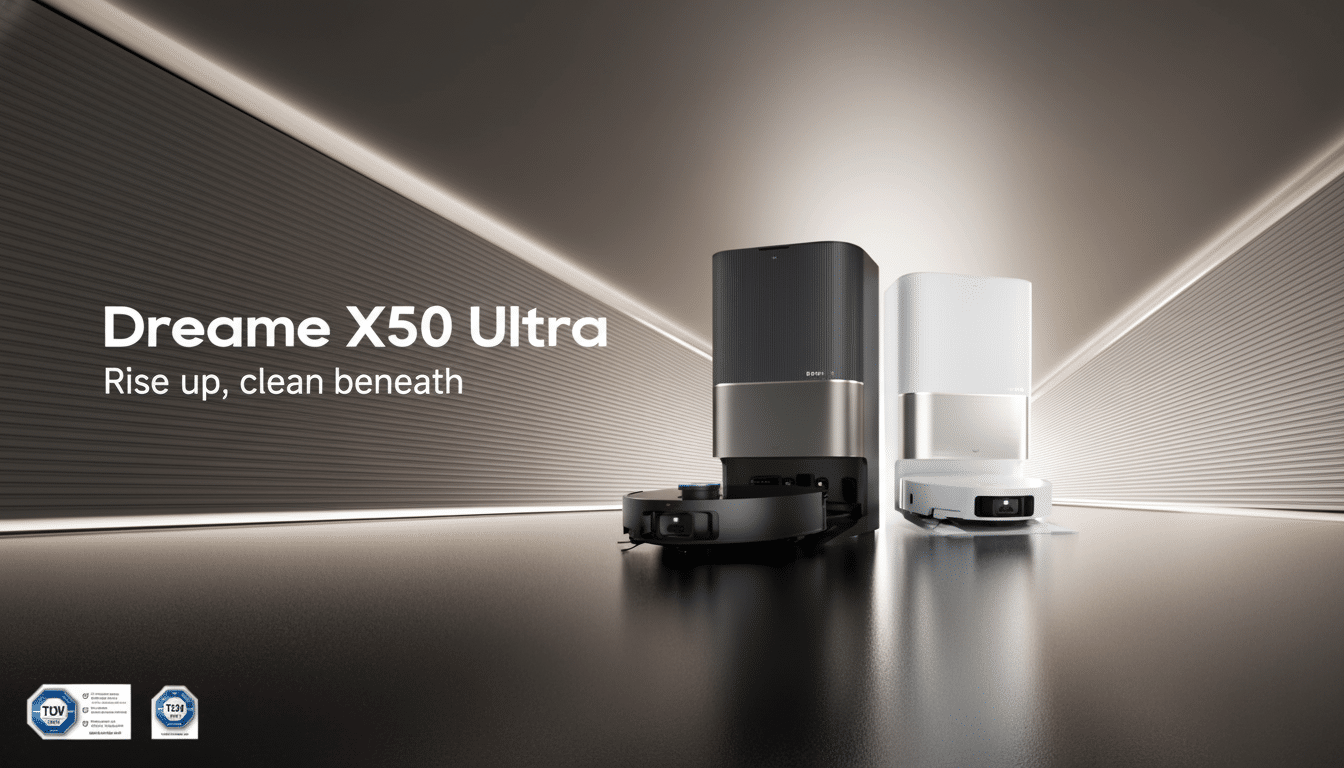 Two Dreame X5 0 Ultra robot vacu ums, one dark grey and one white , stand side- by-side on a dark, reflective surface in a minimalist setting with soft , illuminated architectural lines in the background . The text  Dreame X5 0 Ultra and Rise up , clean beneath is visible on the left.