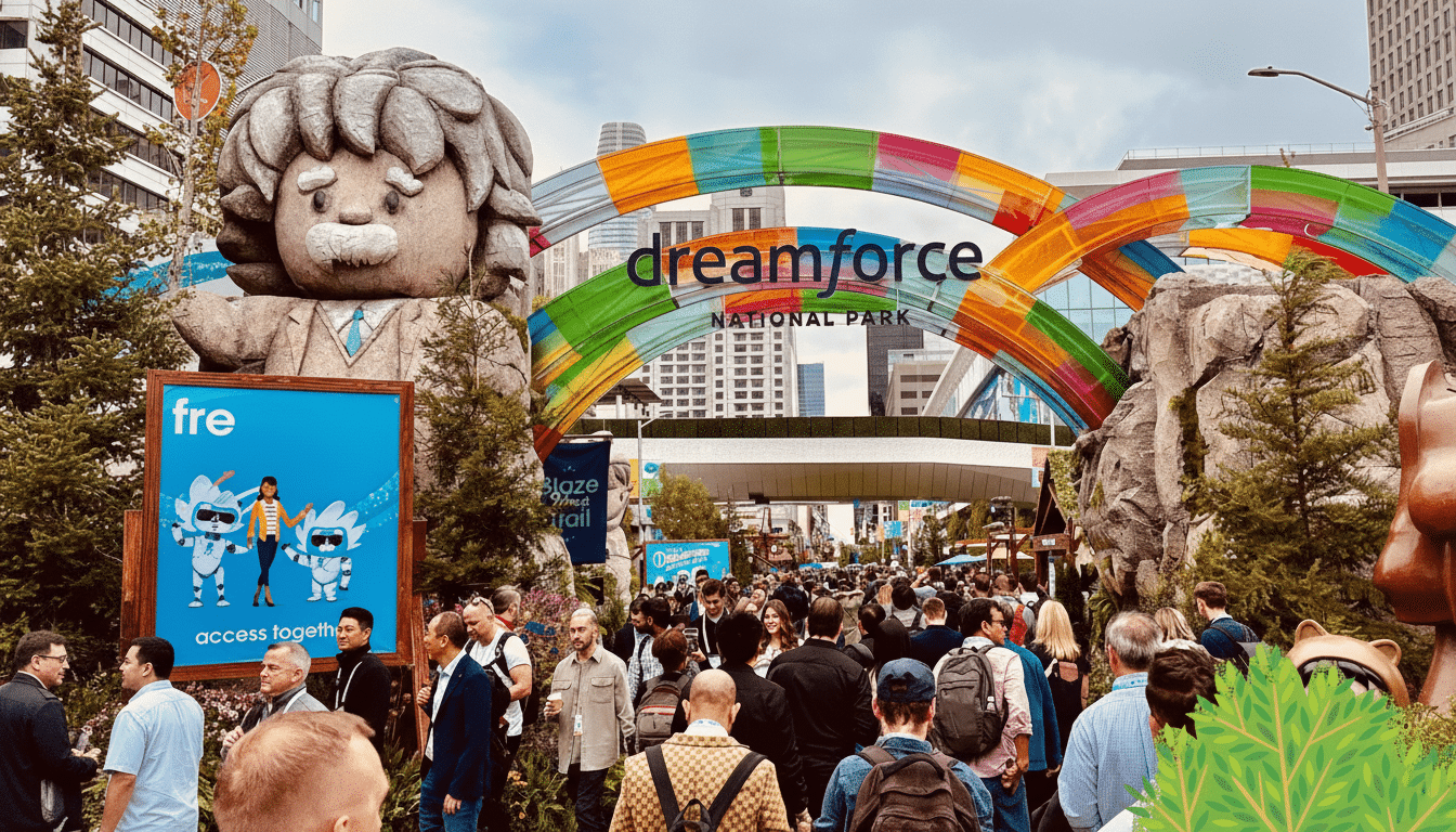 An enhanced 16: 9 image of the Dreamforce National Park entrance, featuring a large mascot statue, a colorful arched sign with  dreamforce text , and a crowd of attendees .