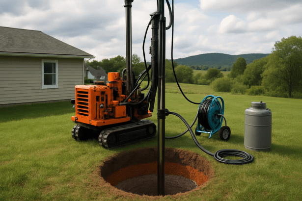An orange tracked drilling rig next to a freshly dug hole in a grassy yard, with a hose reel and water tank nearby, and a house and hills in the backg