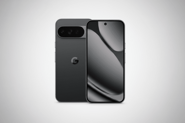 A professional , enhanced image of two dark grey smartphones , one showing its back with a G logo and camera bar , and the other showing its front screen , against a light grey gradient background, resized to a 16: 9 aspect ratio.