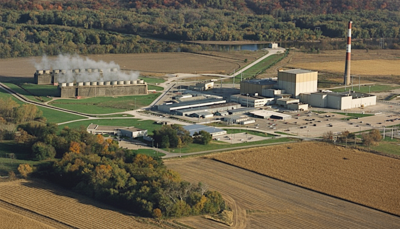 An aerial view of a nuclear power plant with multiple buildings, cooling towers emitting steam, and a tall red and white striped smokestack, surrounded by agricultural fields and a forested area with a body of water in the background.